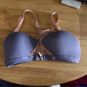 SHEFIT Front-Zip Sports Bra in Lavender with Blush Straps, and matching leggings